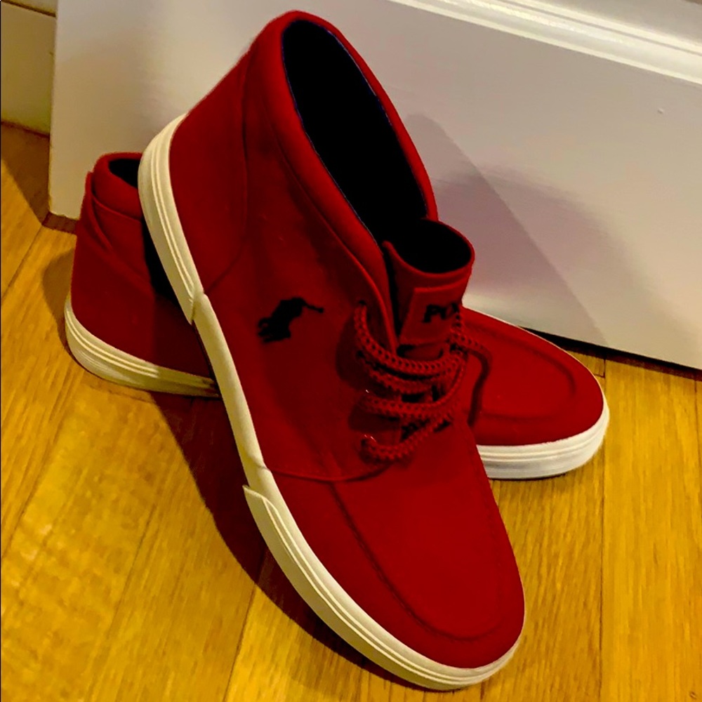 Red polo high-top sneakers